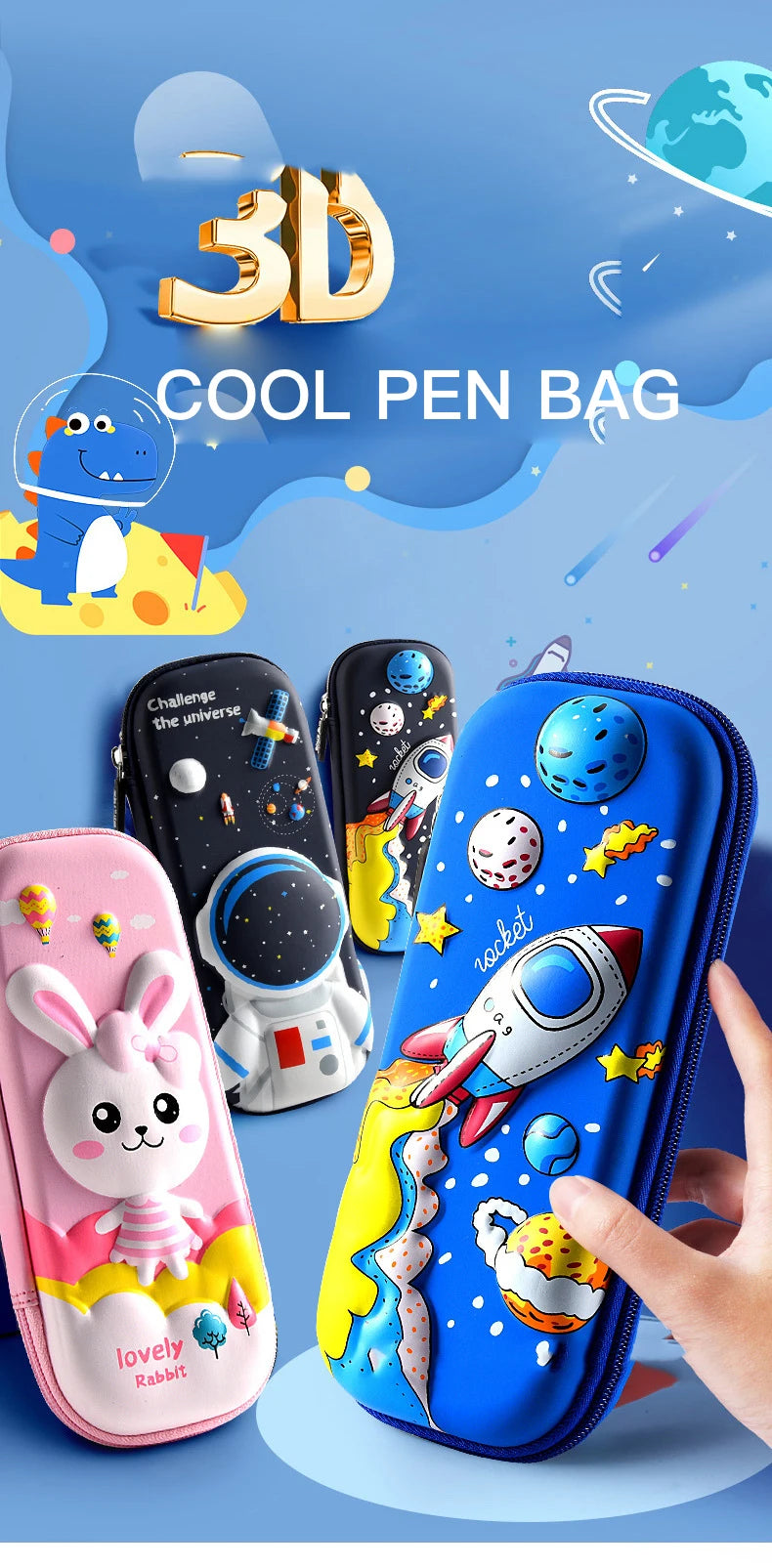 Estojo de Lápis 3D Astronauta, Dinossauro e Elefante: Diversão e Praticidade para Estudantes!